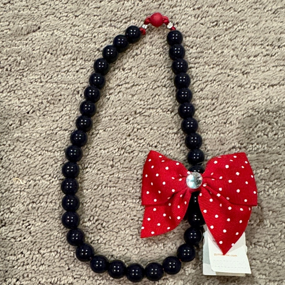 Gymboree  Black Beaded Necklace with Red Polka Dot Bow brand new
